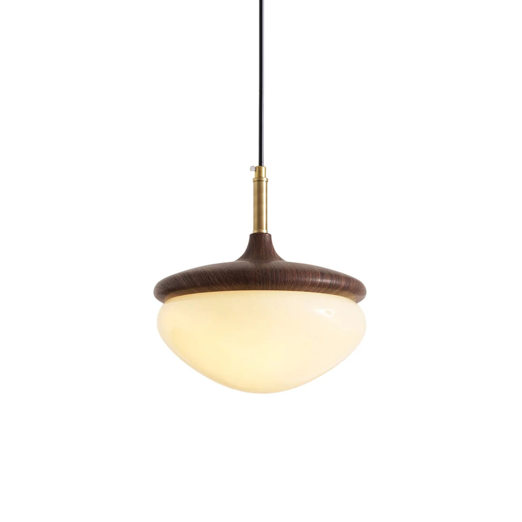 Agernformet Pendellampe i Valnød og Messing med Opalglaskuppel 1