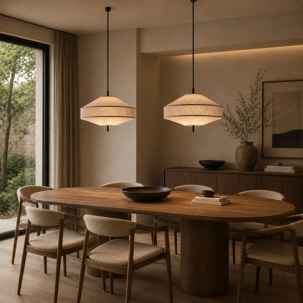 Arkitektonisk Pendel Lampe i Hør - Skulpturelt Pagodedesign med Blødt Ambient Lys 1
