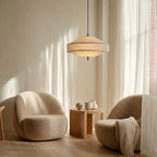 Arkitektonisk Pendel Lampe i Hør - Skulpturelt Pagodedesign med Blødt Ambient Lys 7
