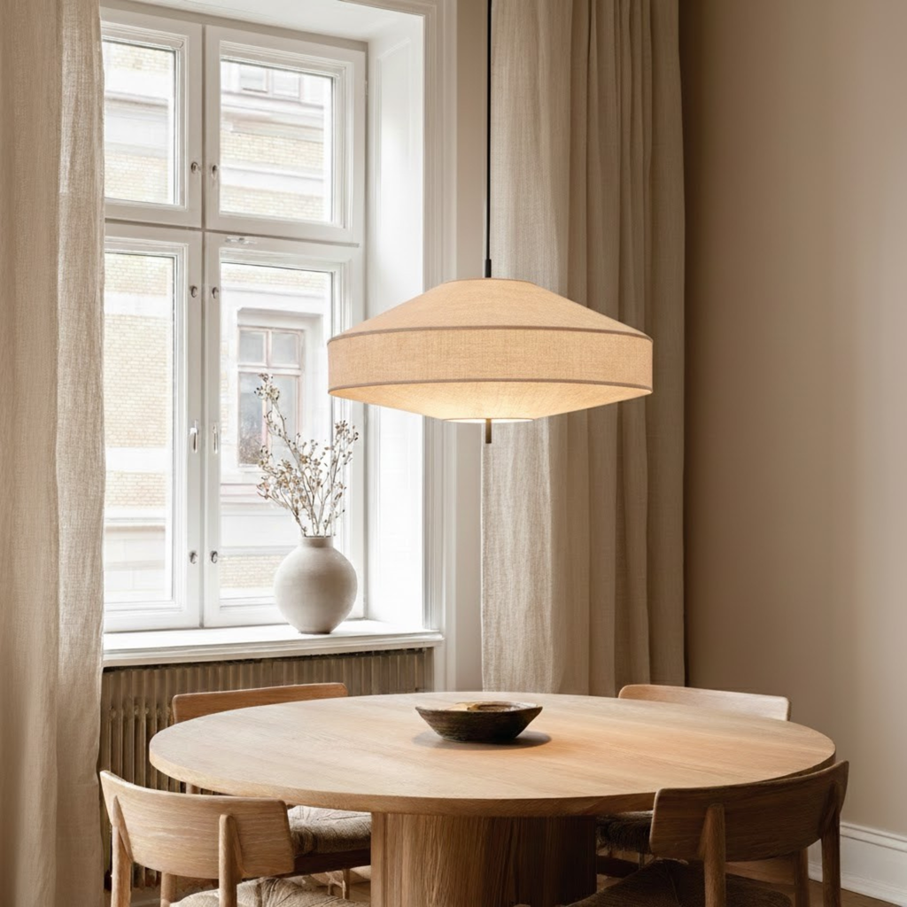 Arkitektonisk Pendel Lampe i Hør - Skulpturelt Pagodedesign med Blødt Ambient Lys 8
