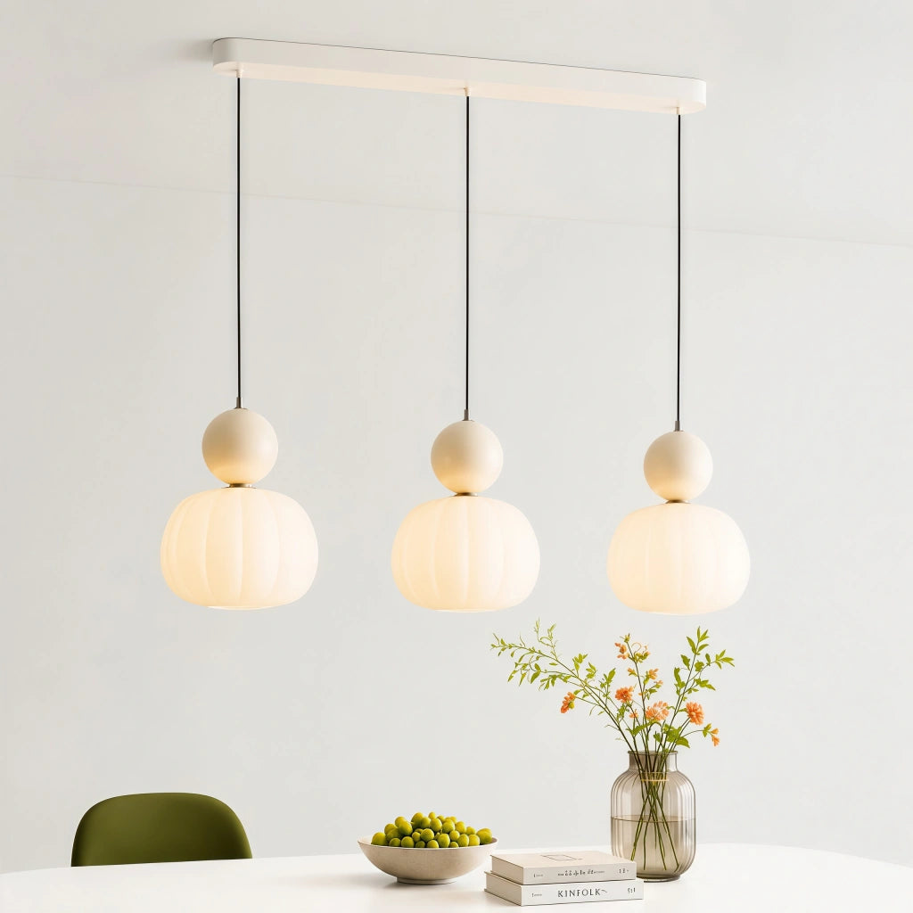 Art Deco Pendel Lampe - Cremefarvet Opalglas med Lagdelt Kugledesign 18