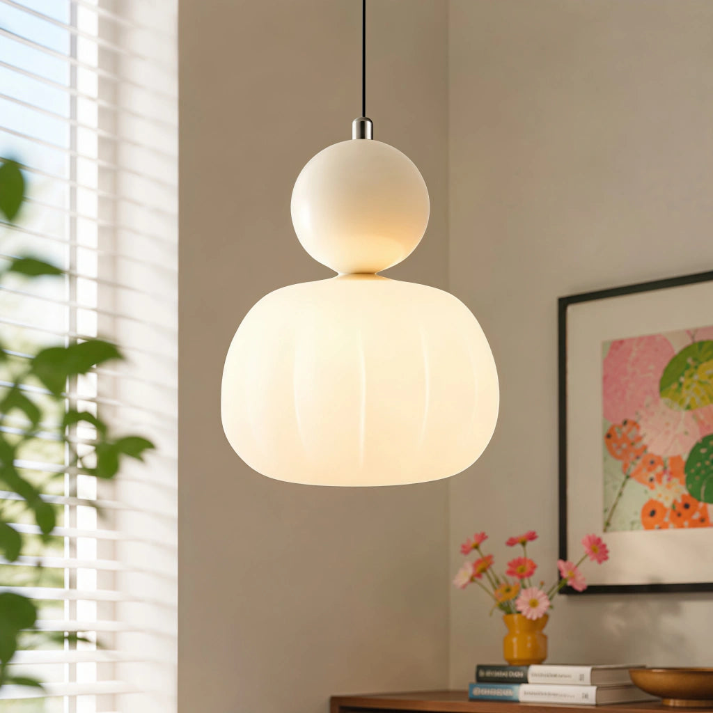 Art Deco Pendel Lampe - Cremefarvet med Lagdelt Kugledesign 1