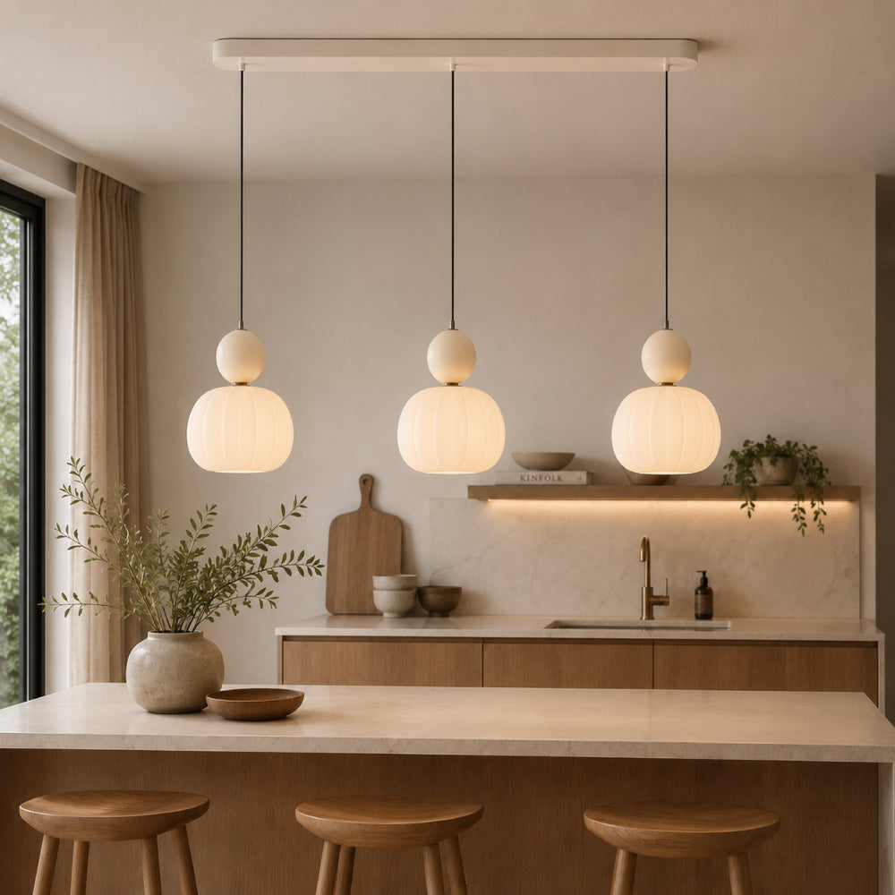 Art Deco Pendel Lampe - Cremefarvet med Lagdelt Kugledesign 10