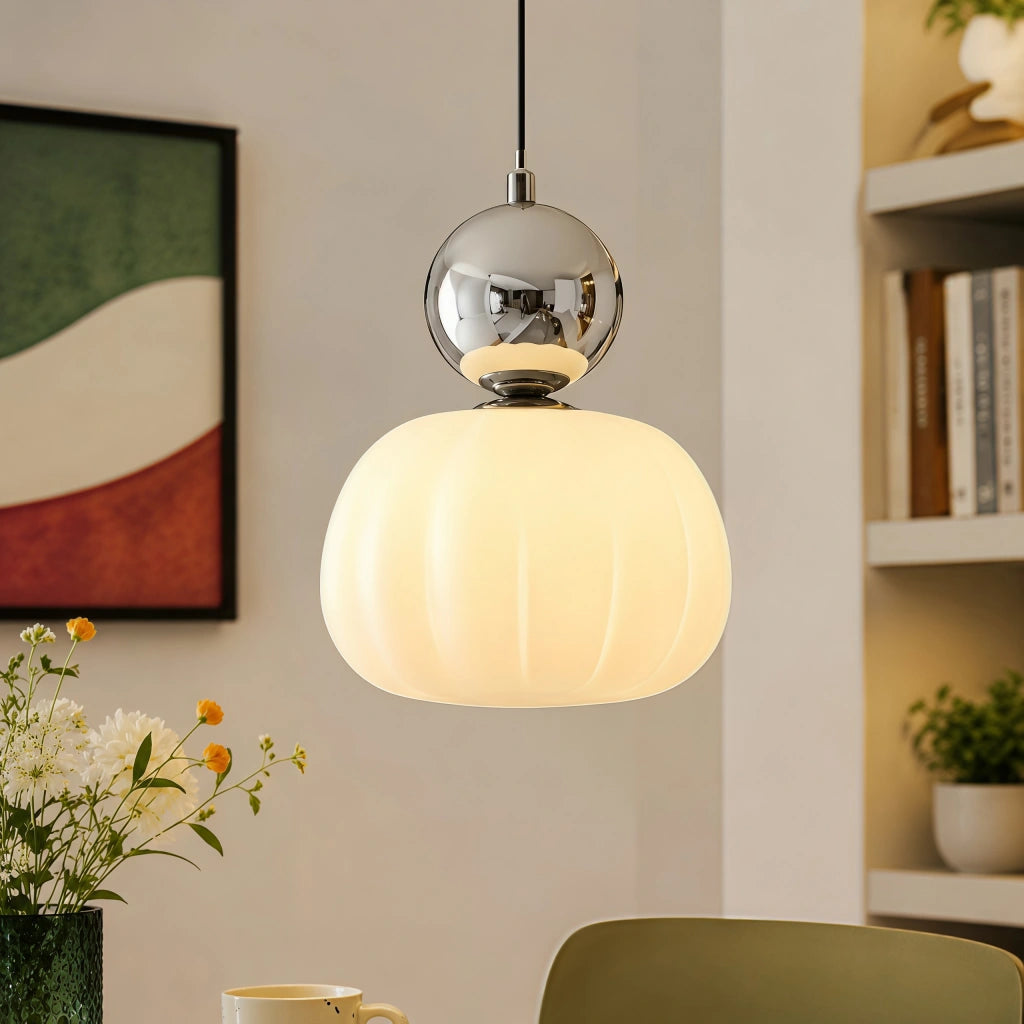 Art Deco Pendel Lampe - Cremefarvet med Lagdelt Kugledesign 14