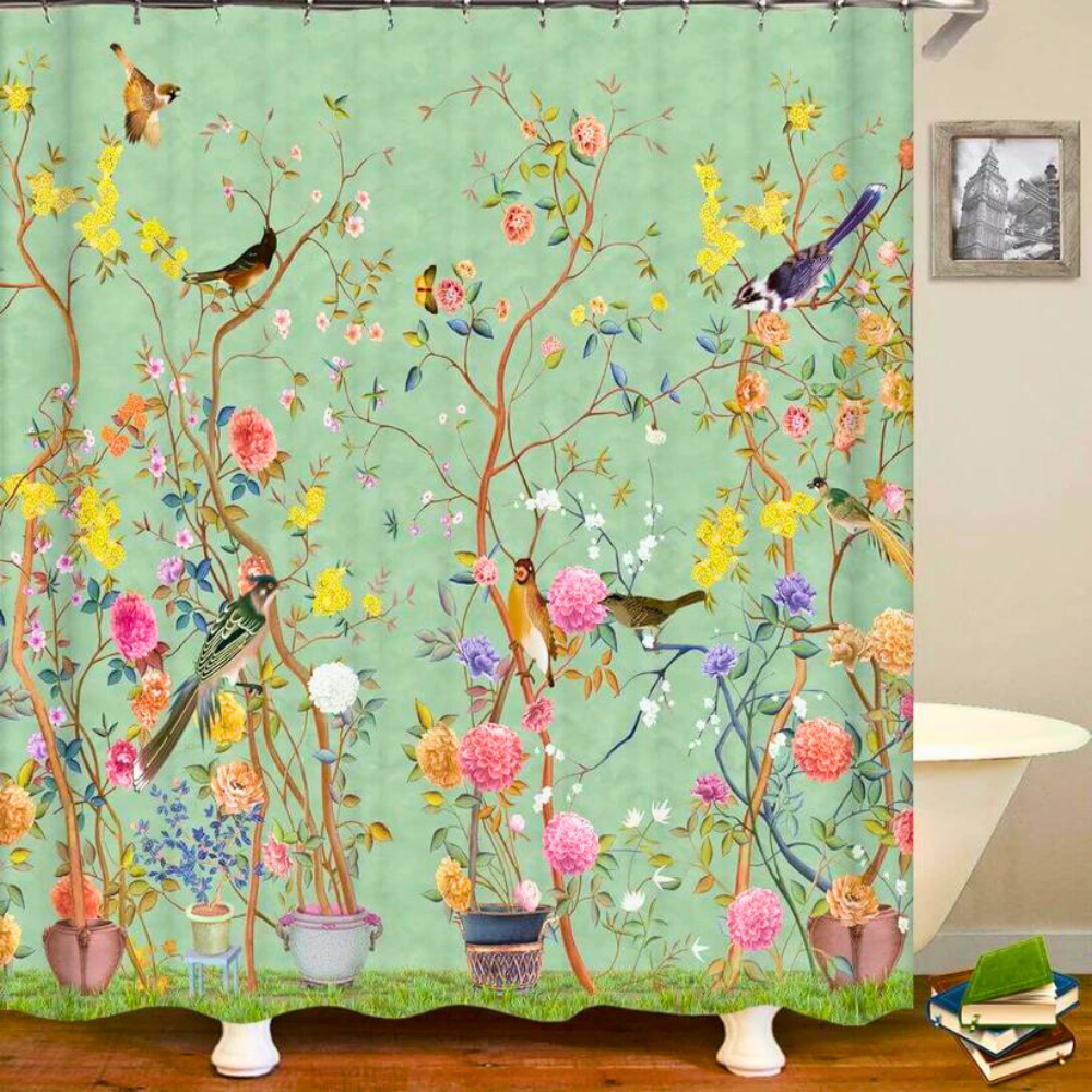 Badeforhæng med Vintage Blomsterprint i Grønne Nuancer 0