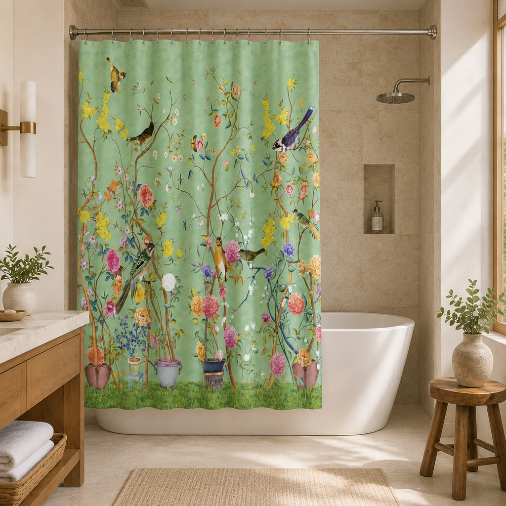 Badeforhæng med Vintage Blomsterprint i Grønne Nuancer 3