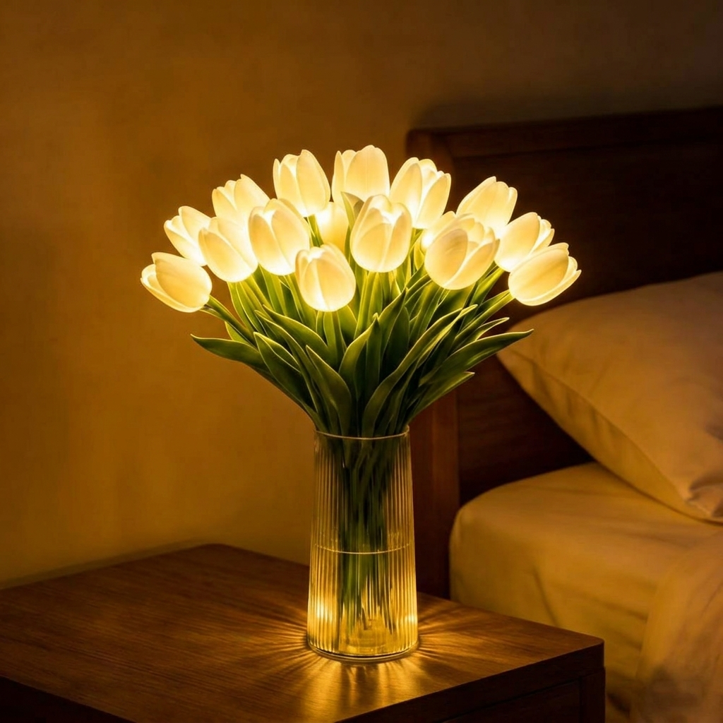 Batteridrevet Natlampe med Tulipanbuketter – Blødt Lys i Kompakt Design 0