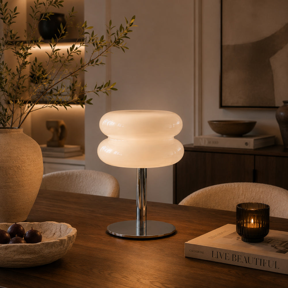 Bauhaus Bordlampe i Glas - Dobbelt Skærmdesign med Kromfod 0
