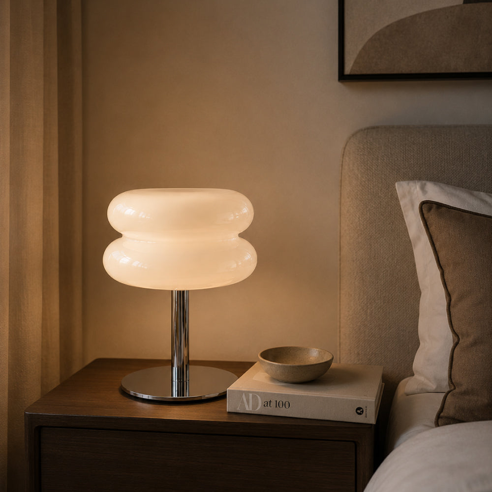 Bauhaus Bordlampe i Glas - Dobbelt Skærmdesign med Kromfod 1
