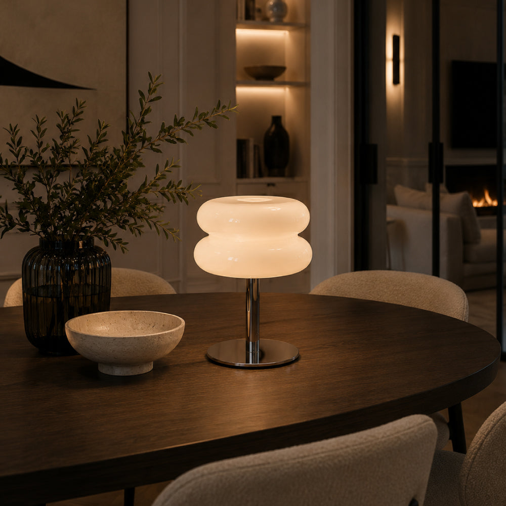 Bauhaus Bordlampe i Glas - Dobbelt Skærmdesign med Kromfod 3
