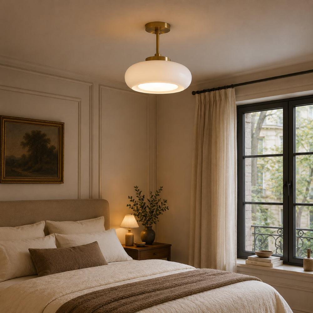 Bauhaus Loftslampe i Guldtonet Jern med Rundt Glas 2
