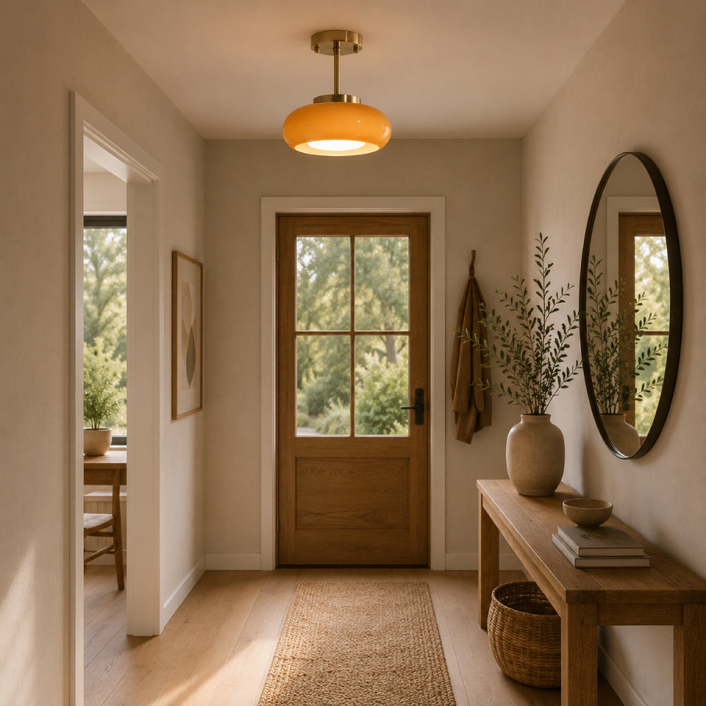 Bauhaus Loftslampe i Guldtonet Jern med Rundt Glas 3