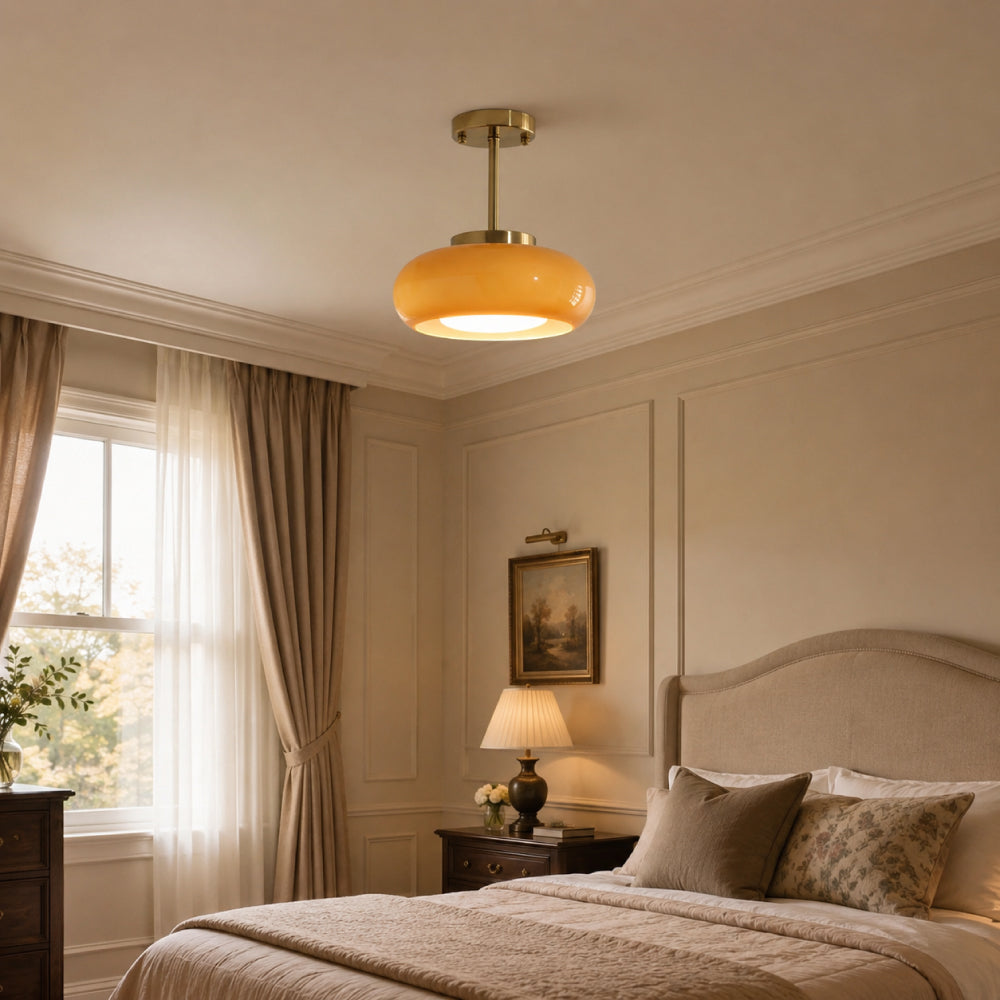 Bauhaus Loftslampe i Guldtonet Jern med Rundt Glas 4