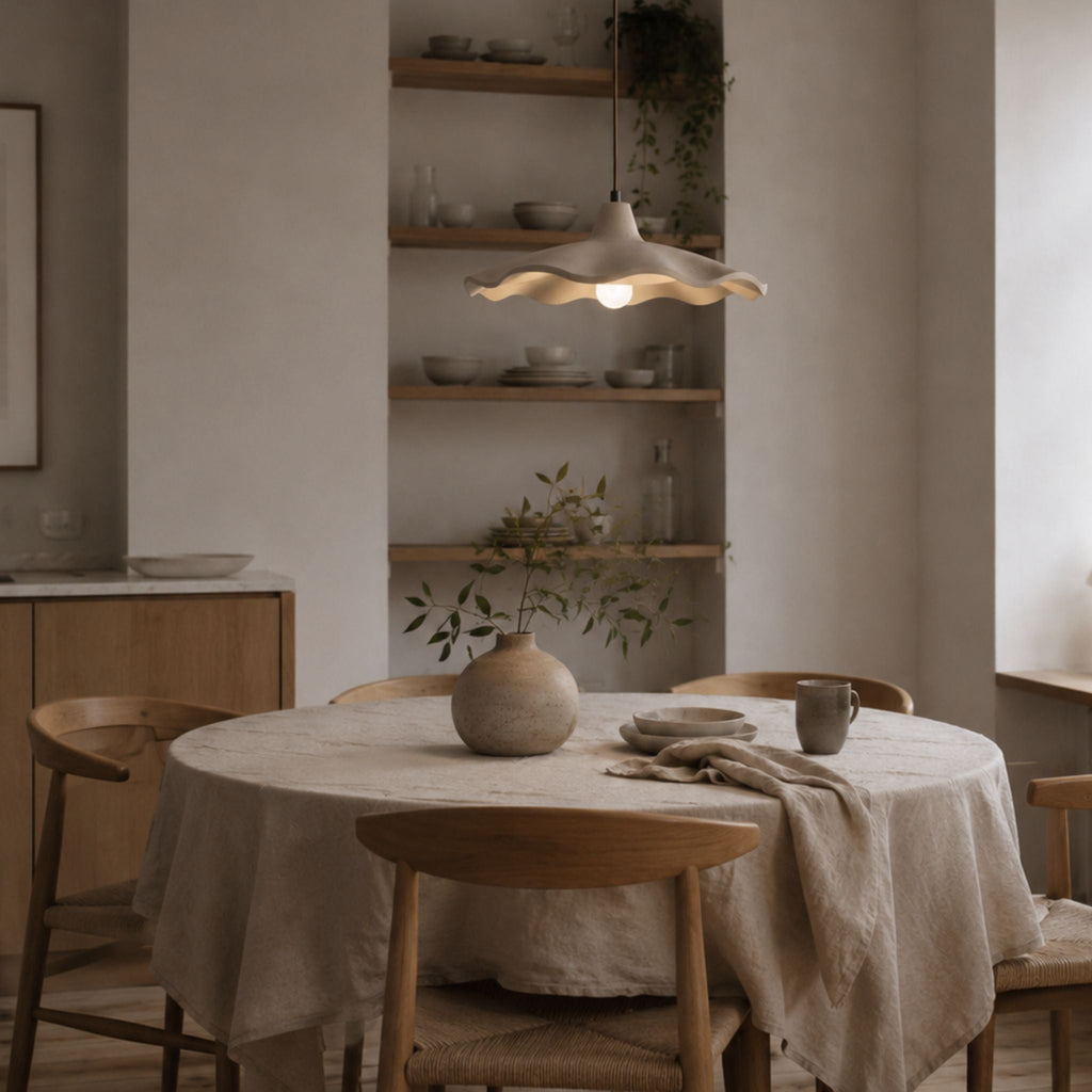 Bølgeformet Pendel Lampe - Sandfarvet Travertin med Organisk Design til Spisebord 7
