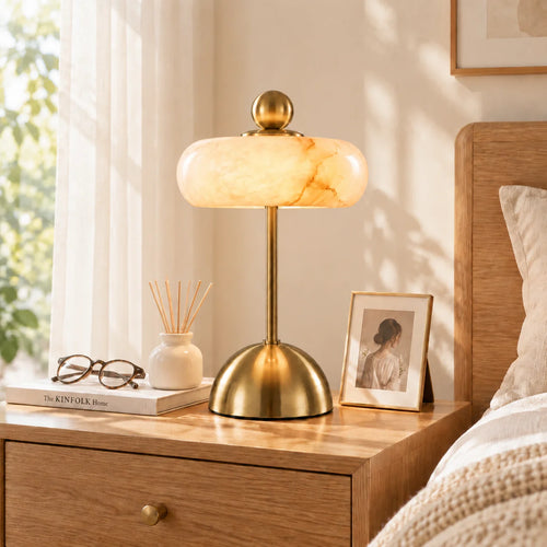 Bordlampe i Glas med Alabasterskærm til Stue og Soveværelse 6