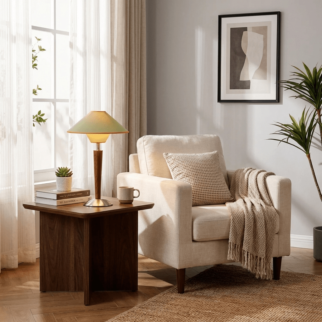 Bordlampe i Træ – Klassisk Design med Varmt Lys og Metalfod 5