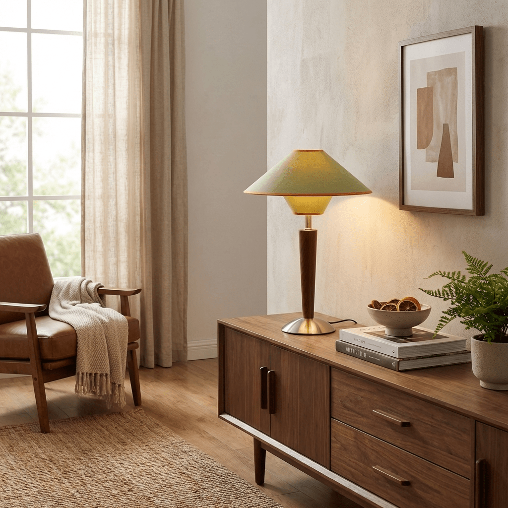 Bordlampe i Træ – Klassisk Design med Varmt Lys og Metalfod 6