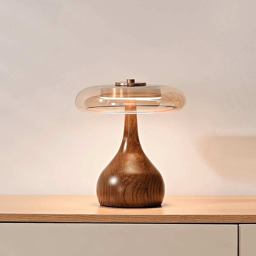 Bordlampe i Træ – Ravfarvet Glasskærm med Justerbar Lysstyrke 0