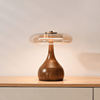 Bordlampe i Træ – Ravfarvet Glasskærm med Justerbar Lysstyrke 0