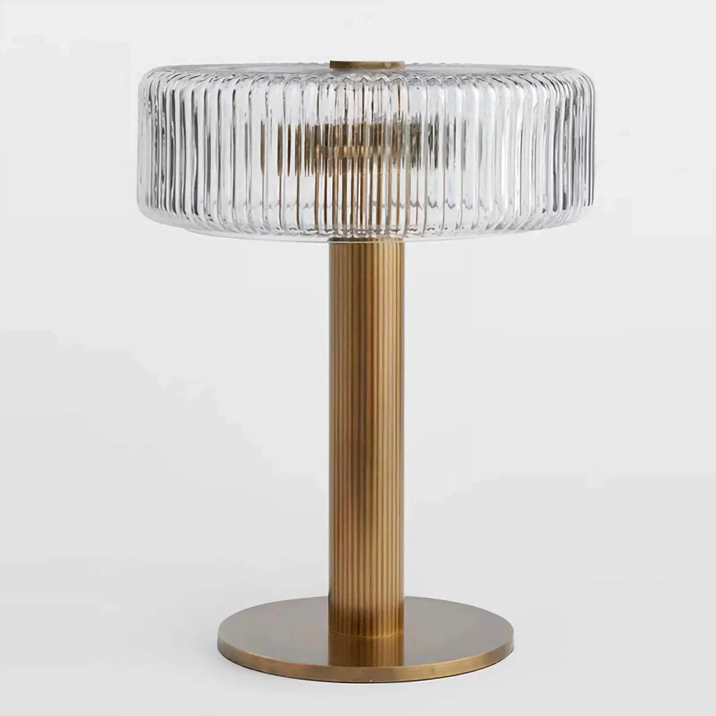 Bordlampe med Hamret Kobberfod og Ribbet Glasskærm – Vintage Design med Dæmpbar Lys 2