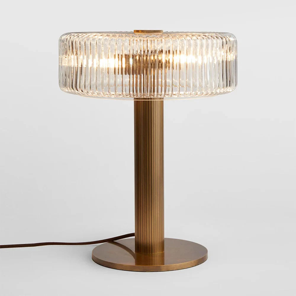 Bordlampe med Hamret Kobberfod og Ribbet Glasskærm – Vintage Design med Dæmpbar Lys 5