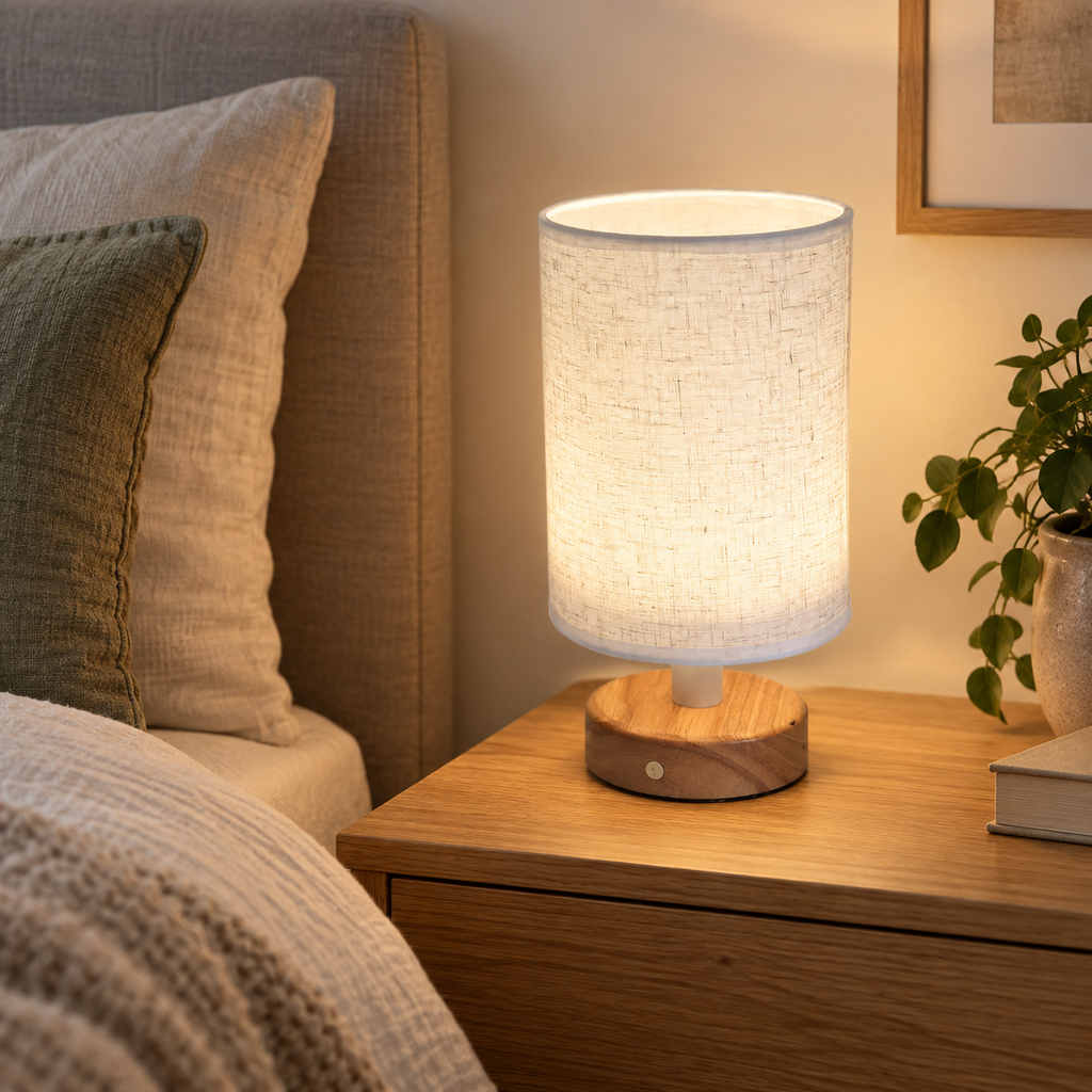 Bordlampe med Linnedskærm og Træfod 0