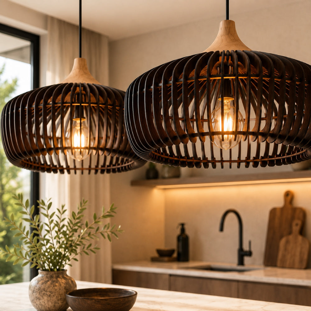 Japandi Pendel Lampe i Træ – Kuppelformet Design med Blødt Gult Lys