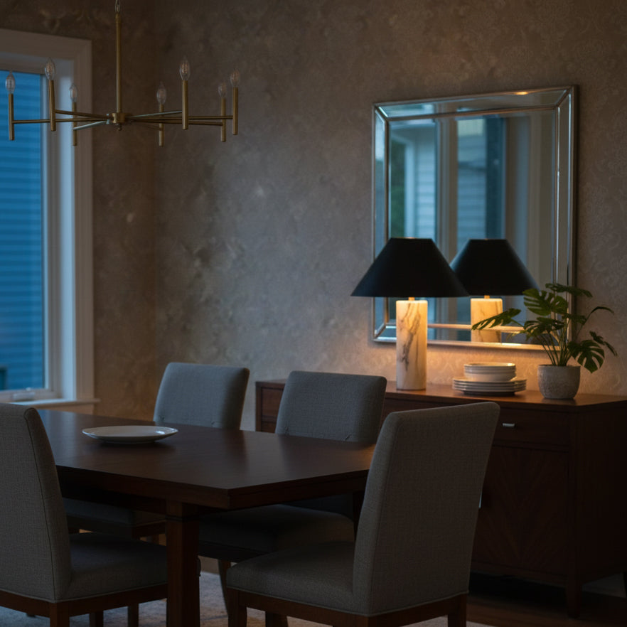Eksklusiv Bordlampe i Marmor - Skulpturel Cylinderfod med Elegant Sort Skærm 5
