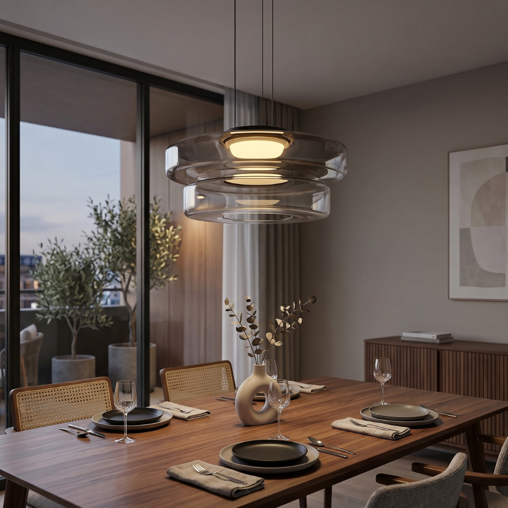 Glas Pendel Lampe - Lagdelt Glasdesign i Tonet Glas med Justerbar Højde 1
