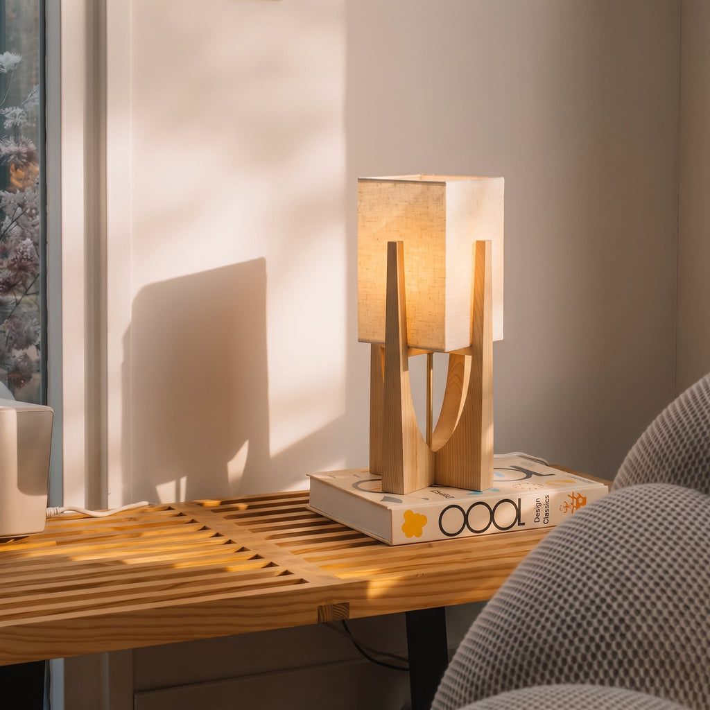 Gulvlampe i Wabi-Sabi Stil - Stofskærm og Træfod med Varmt Lys 5