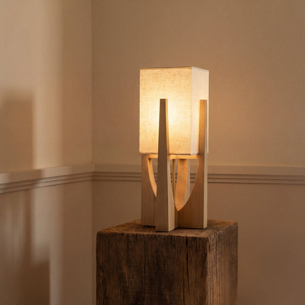 Gulvlampe i Wabi-Sabi Stil - Stofskærm og Træfod med Varmt Lys 7