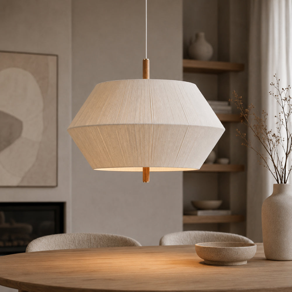 Japandi Pendel Lampe - Stofskærm med Trædetaljer 0
