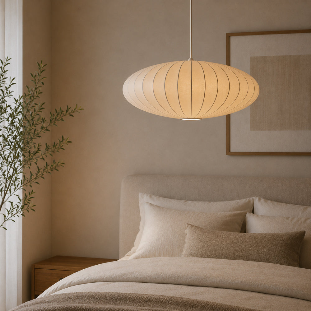 Japandi Pendel Lampe i Silke - Plisseret Oval Silhuet 0
