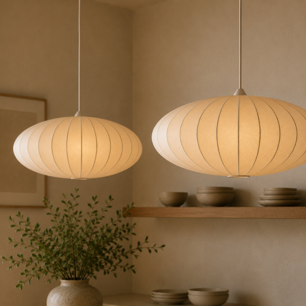 Japandi Pendel Lampe i Silke - Plisseret Oval Silhuet 1
