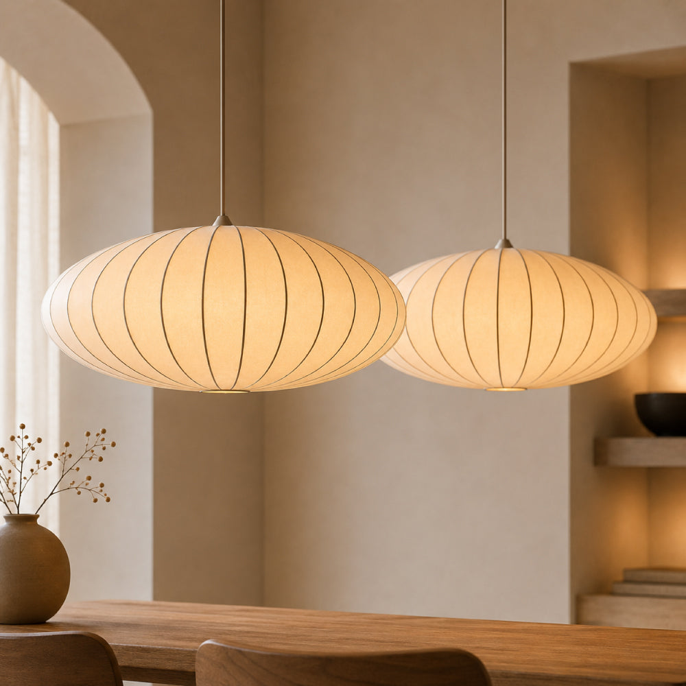 Japandi Pendel Lampe i Silke – Plisseret Oval Silhuet 11