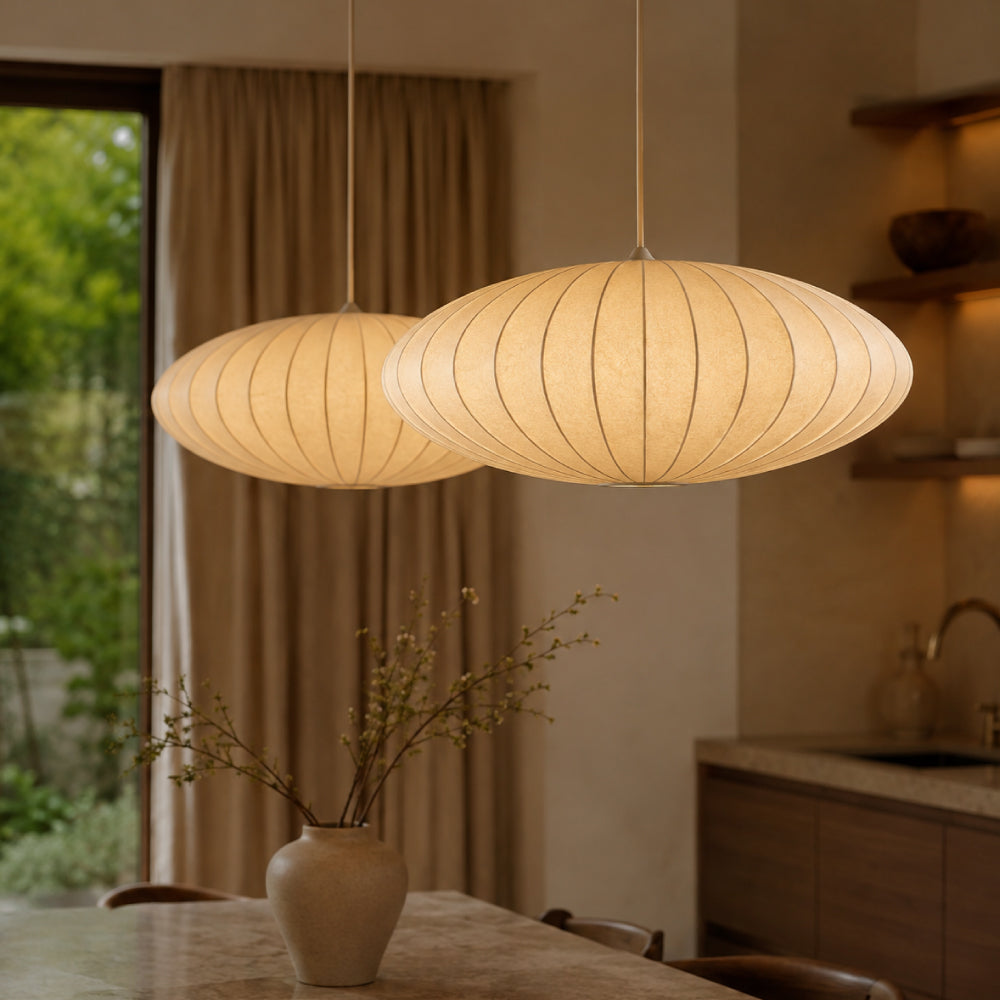 Japandi Pendel Lampe i Silke - Plisseret Oval Silhuet 11