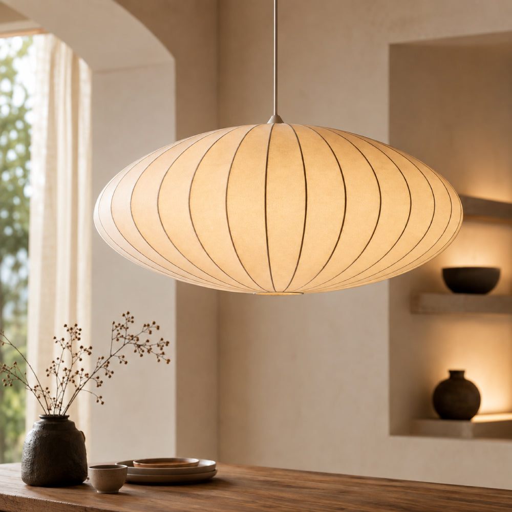 Japandi Pendel Lampe i Silke - Plisseret Oval Silhuet 13