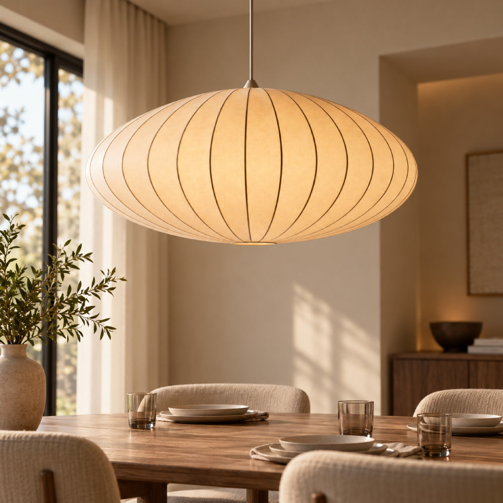 Japandi Pendel Lampe i Silke - Plisseret Oval Silhuet 16
