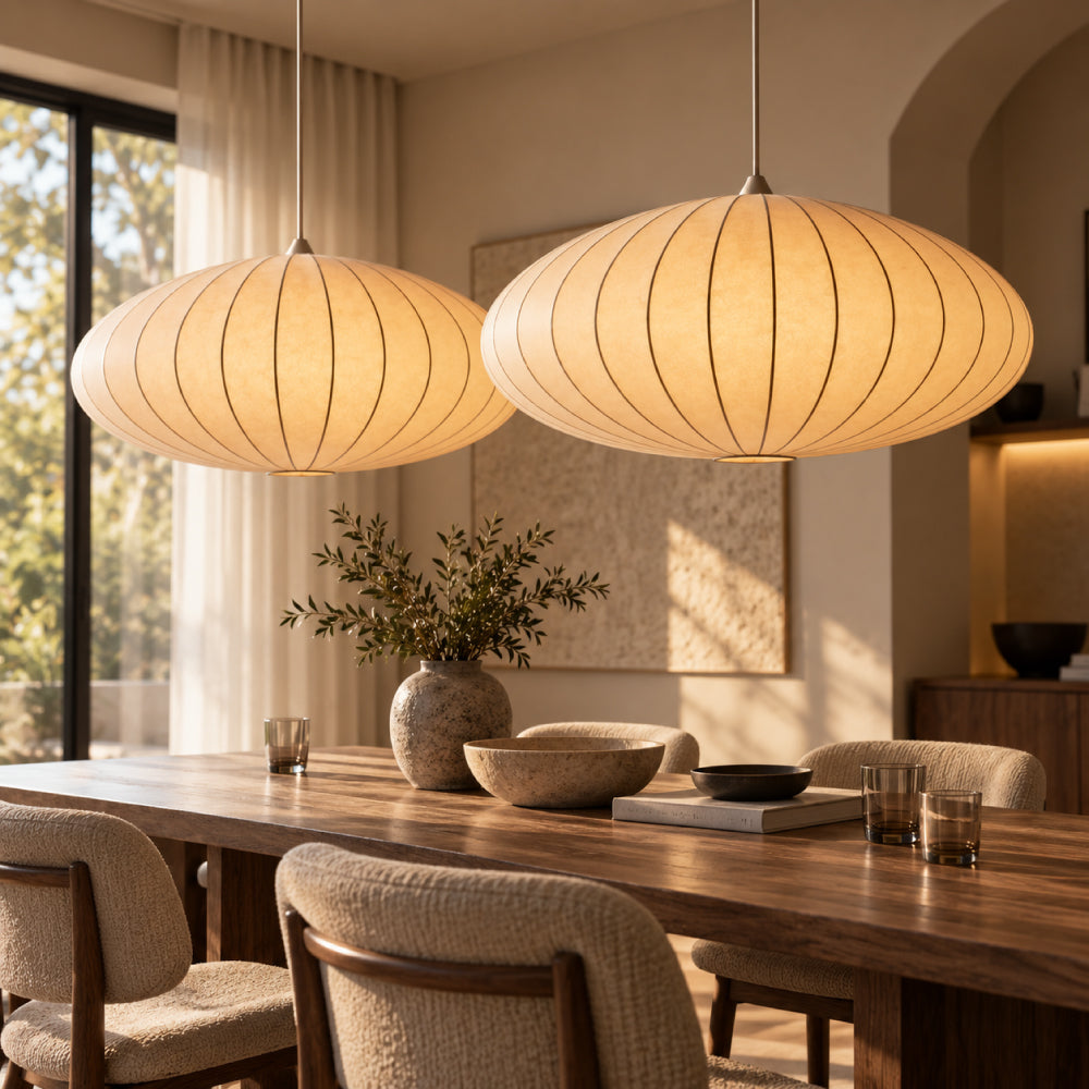 Japandi Pendel Lampe i Silke - Plisseret Oval Silhuet 17