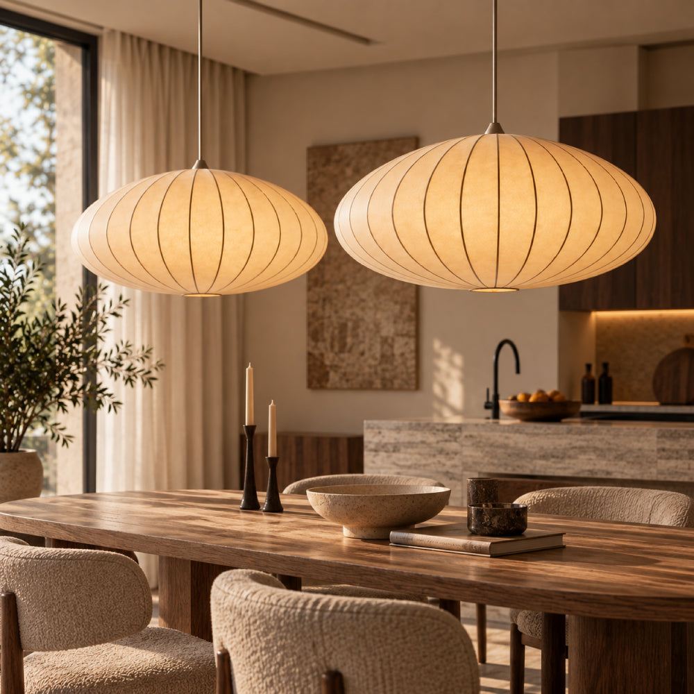 Japandi Pendel Lampe i Silke - Plisseret Oval Silhuet 18