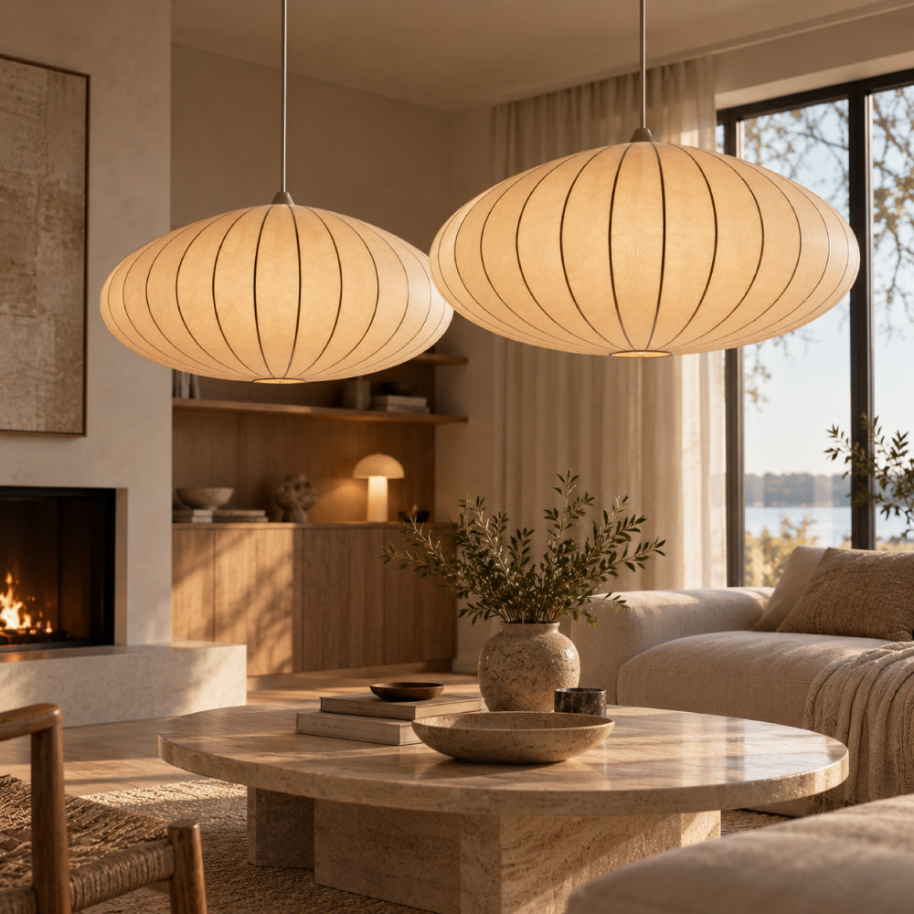 Japandi Pendel Lampe i Silke - Plisseret Oval Silhuet 19