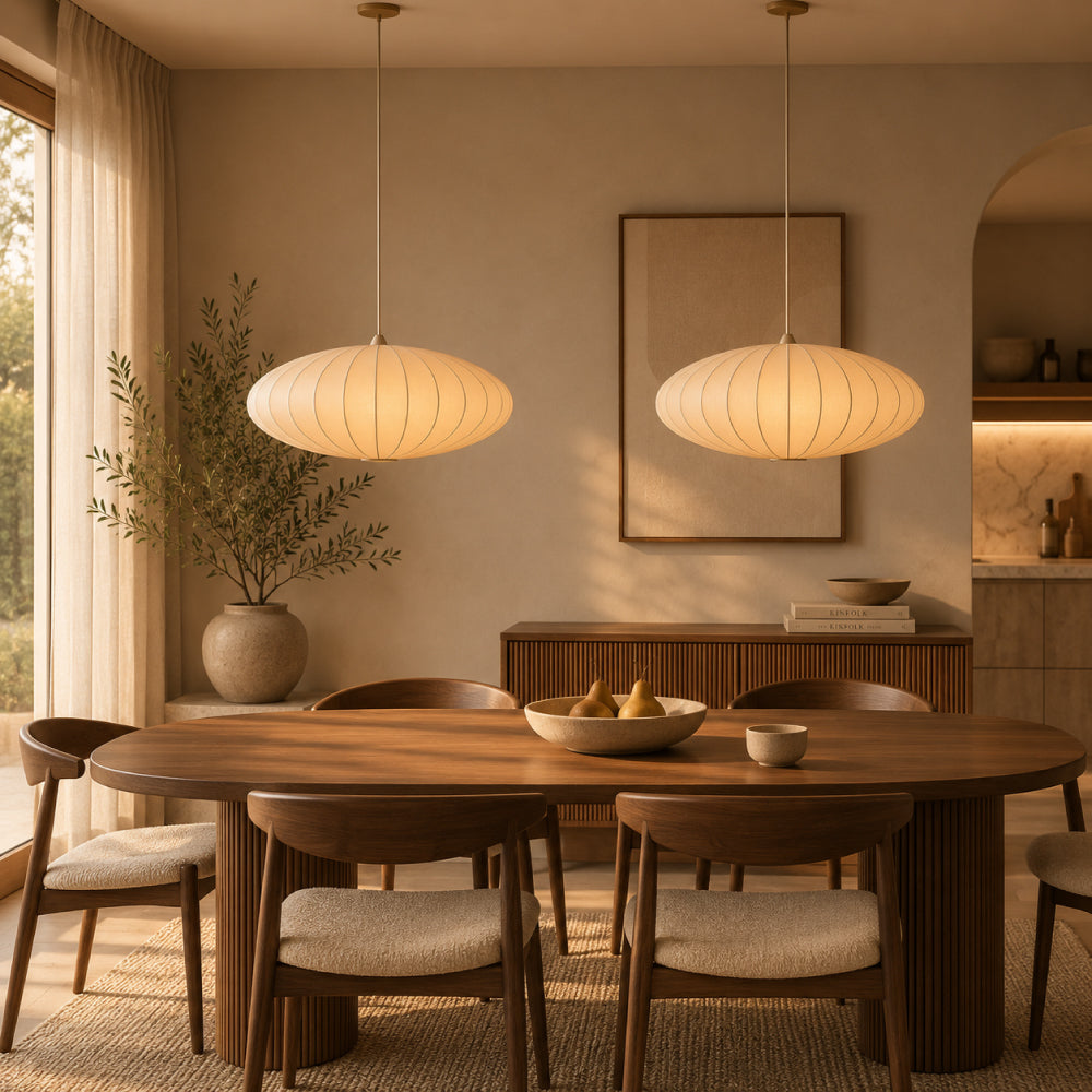 Japandi Pendel Lampe i Silke - Plisseret Oval Silhuet 2
