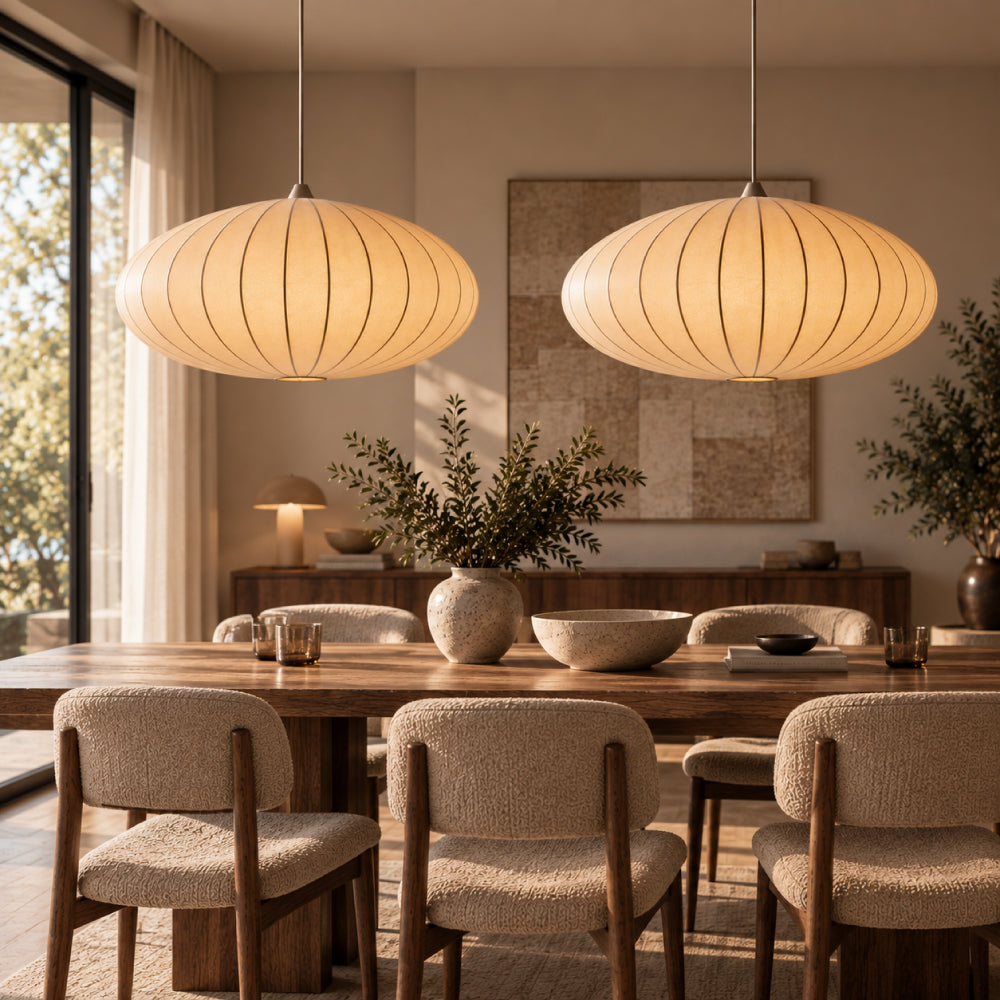 Japandi Pendel Lampe i Silke - Plisseret Oval Silhuet 20