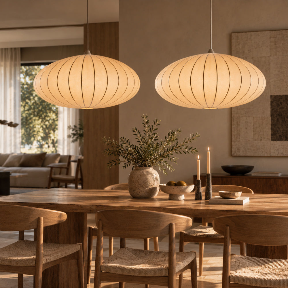 Japandi Pendel Lampe i Silke - Plisseret Oval Silhuet 21