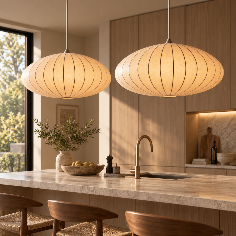 Japandi Pendel Lampe i Silke - Plisseret Oval Silhuet 22