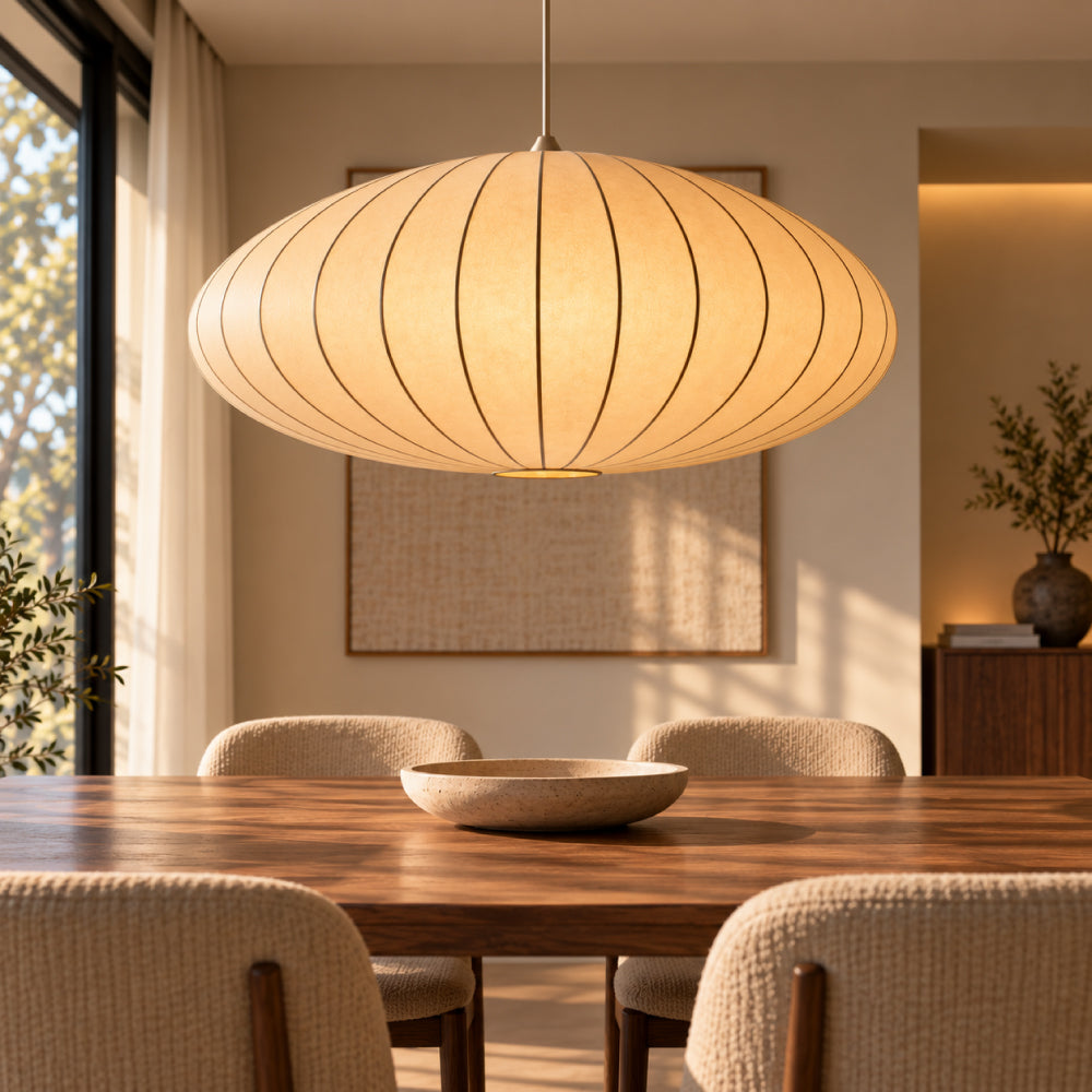 Japandi Pendel Lampe i Silke - Plisseret Oval Silhuet 28