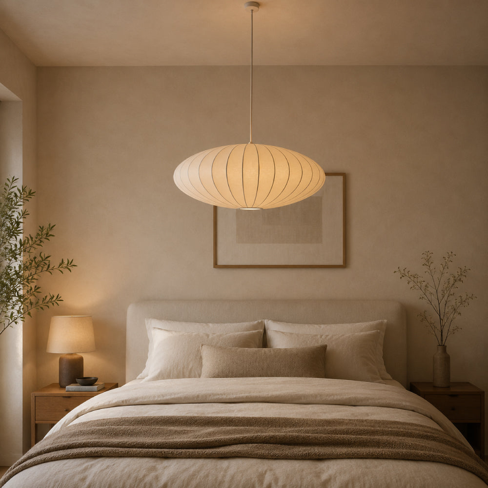Japandi Pendel Lampe i Silke - Plisseret Oval Silhuet 3
