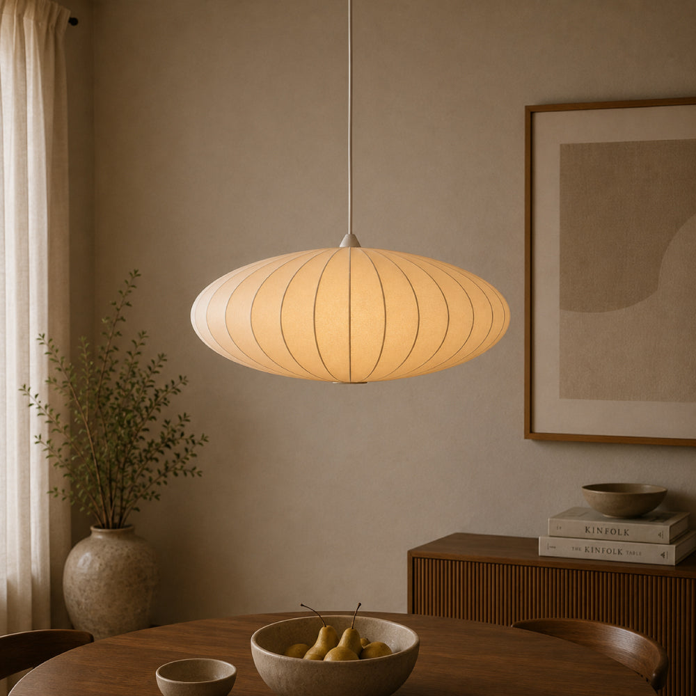 Japandi Pendel Lampe i Silke - Plisseret Oval Silhuet 4
