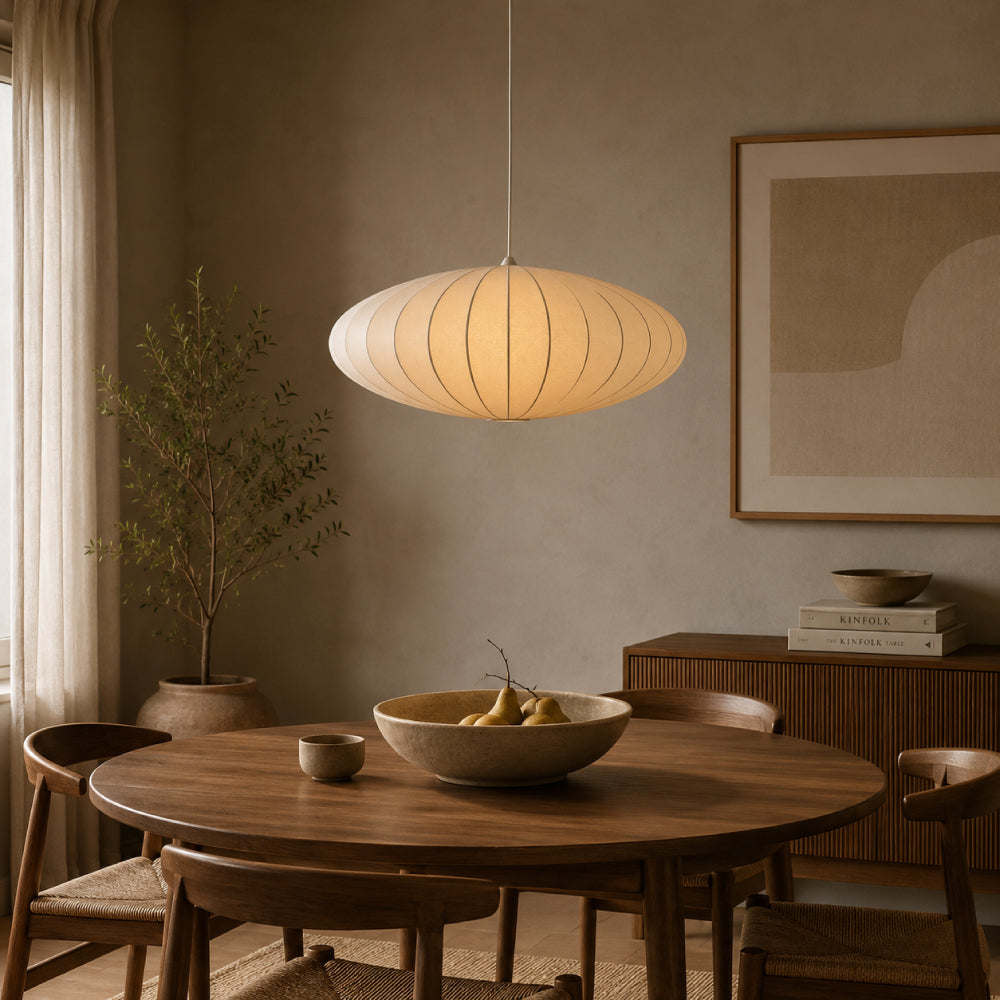 Japandi Pendel Lampe i Silke - Plisseret Oval Silhuet 7
