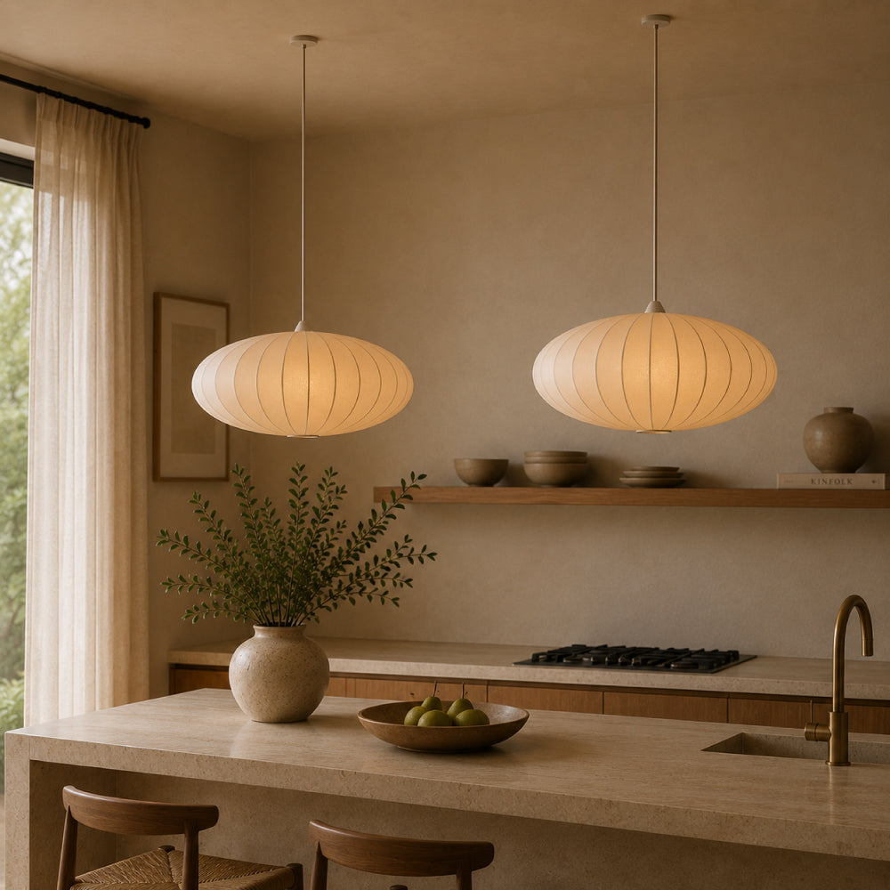 Japandi Pendel Lampe i Silke - Plisseret Oval Silhuet 8
